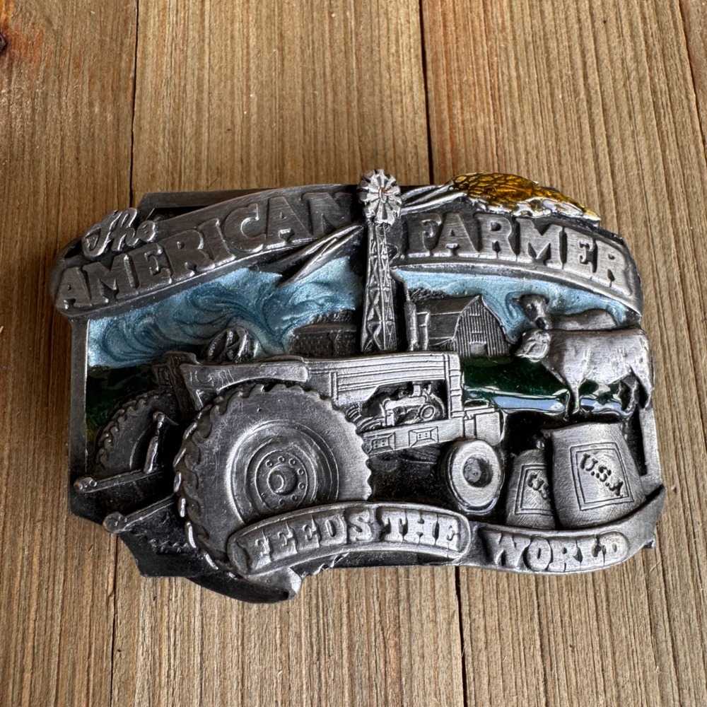 Vintage 1983 Siskiyou American Farmer Feeds The World Belt Buckle E-27 Pewter